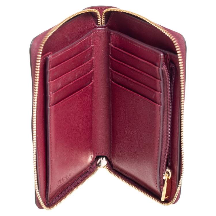 Pre Owned Furla Burgundy Croc Embossed Leather Zip Around Wallet.