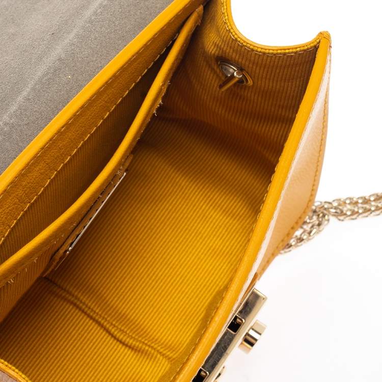 Pre Owned Furla Mustard Leather and Fur Mini Metropolis Crossbody Bag