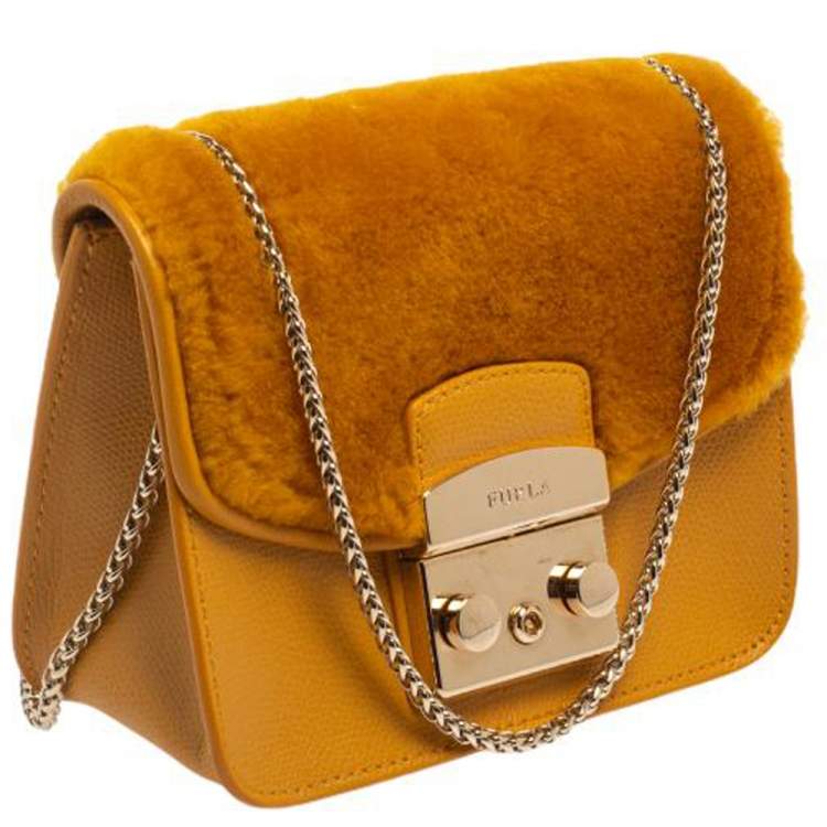 Pre Owned Furla Mustard Leather and Fur Mini Metropolis Crossbody Bag