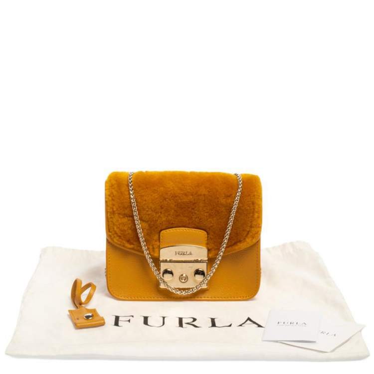 Pre Owned Furla Mustard Leather and Fur Mini Metropolis Crossbody Bag