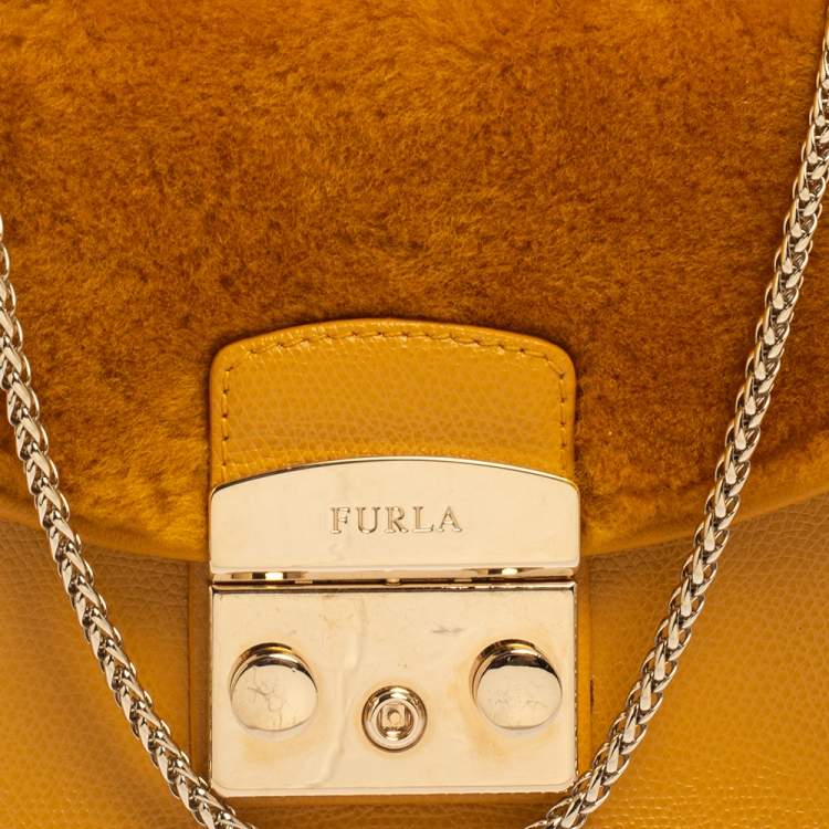 Pre Owned Furla Mustard Leather and Fur Mini Metropolis Crossbody Bag
