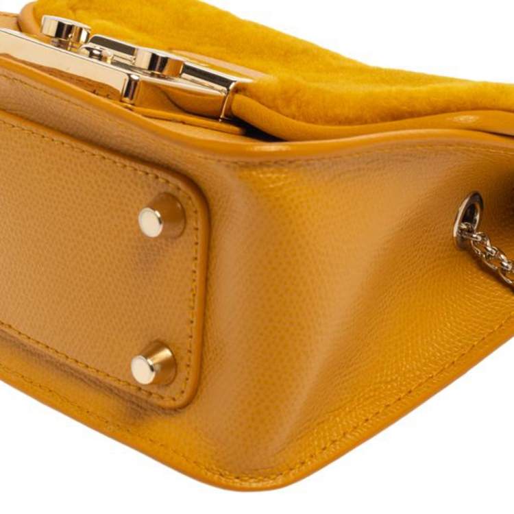 Pre Owned Furla Mustard Leather and Fur Mini Metropolis Crossbody Bag