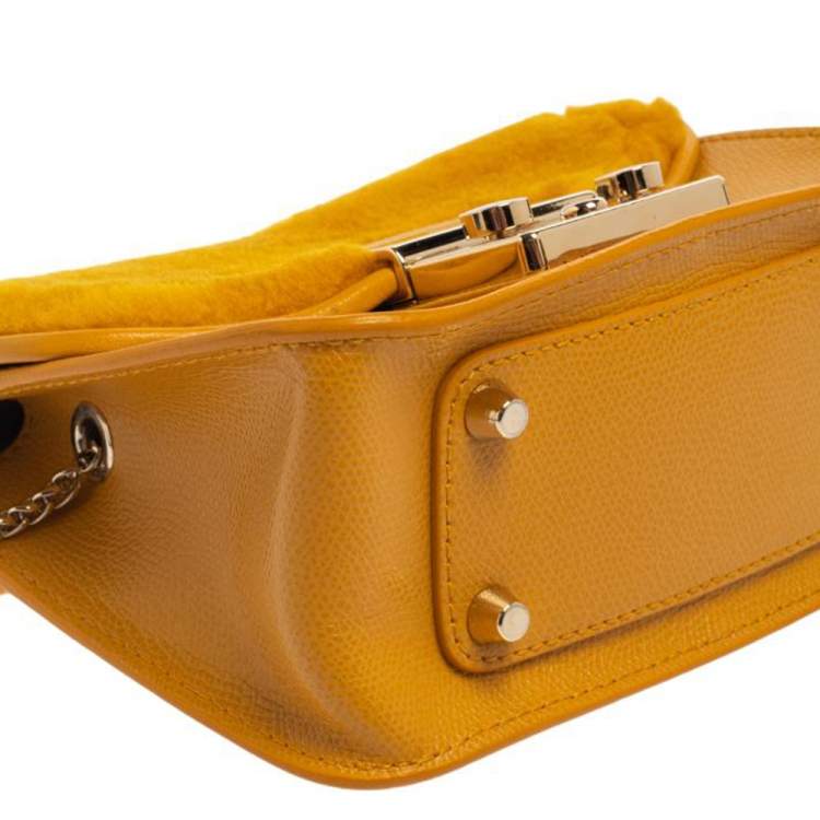 Pre Owned Furla Mustard Leather and Fur Mini Metropolis Crossbody Bag
