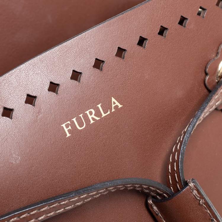 Pre Owned Furla Brown Perforated Leather Stacy Drawstring Bucket Bag