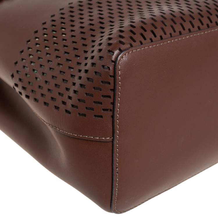 Pre Owned Furla Brown Perforated Leather Stacy Drawstring Bucket Bag