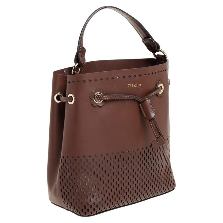 Pre Owned Furla Brown Perforated Leather Stacy Drawstring Bucket Bag
