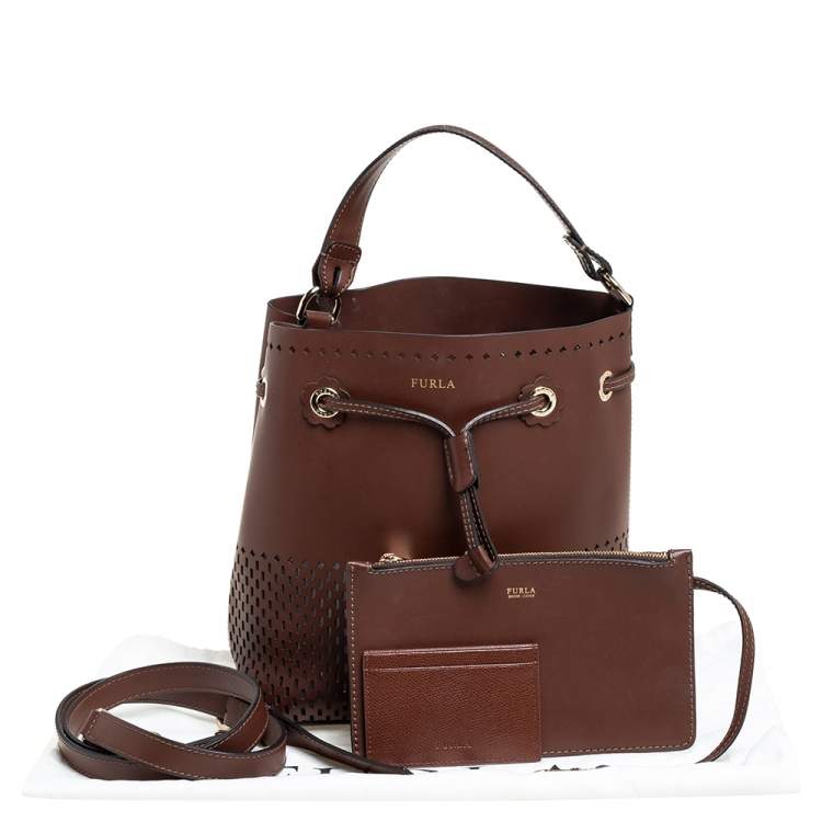 Pre Owned Furla Brown Perforated Leather Stacy Drawstring Bucket Bag