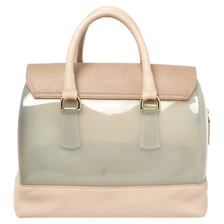 Pre Owned Furla Beige/Mint Green Rubber and Leather Candy Flap Satchel