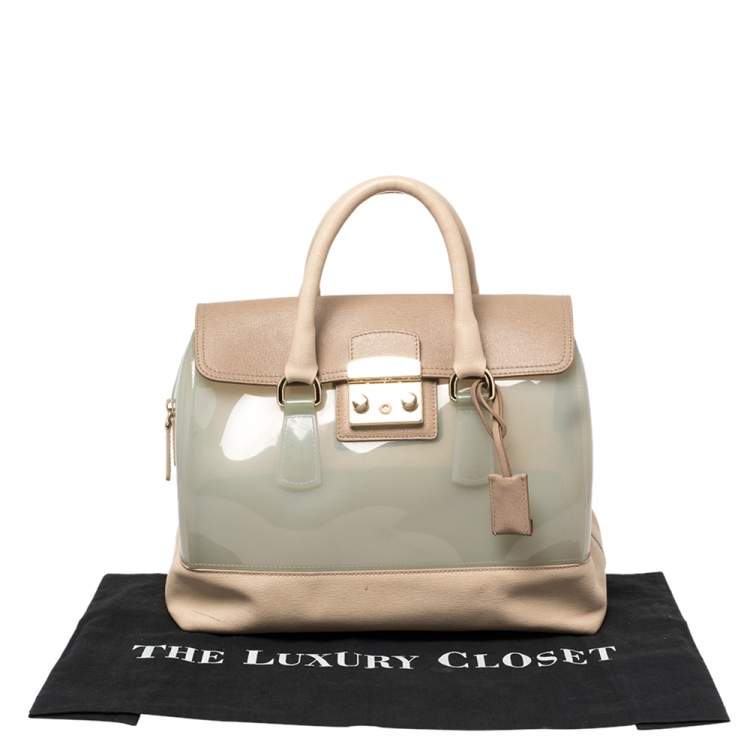 Pre Owned Furla Beige/Mint Green Rubber and Leather Candy Flap Satchel