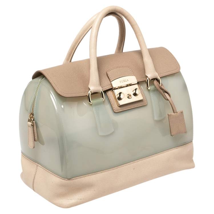 Pre Owned Furla Beige/Mint Green Rubber and Leather Candy Flap Satchel