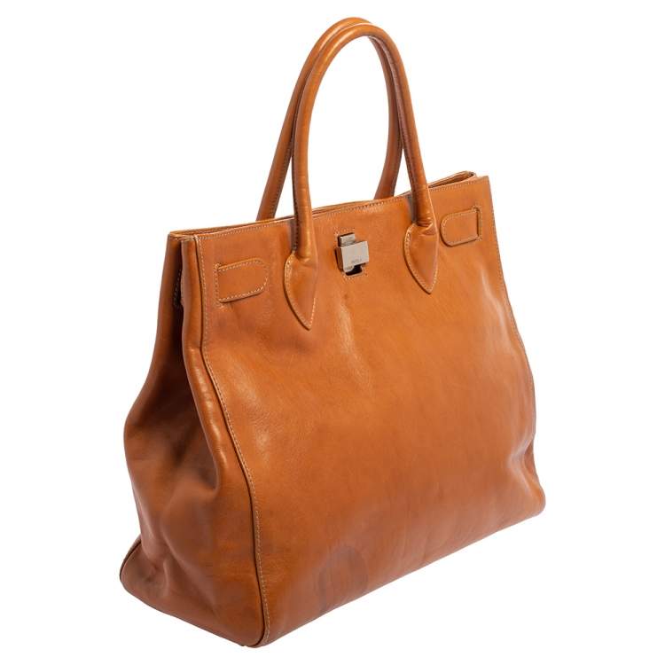 Pre Owned Furla Tan Leather Turn Lock Tote