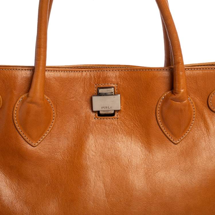Pre Owned Furla Tan Leather Turn Lock Tote
