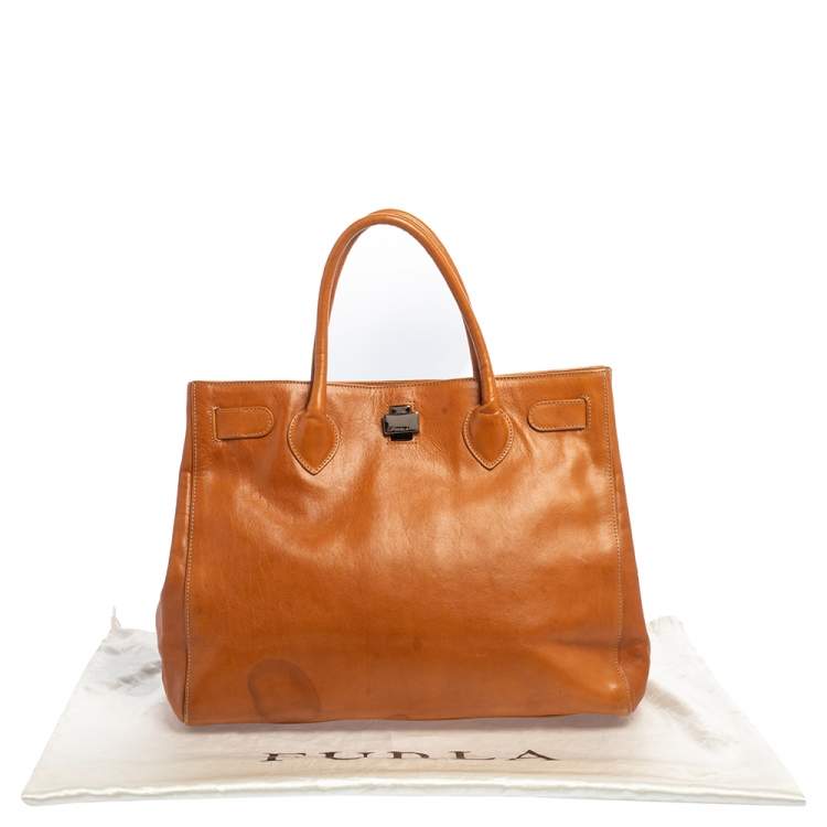 Pre Owned Furla Tan Leather Turn Lock Tote