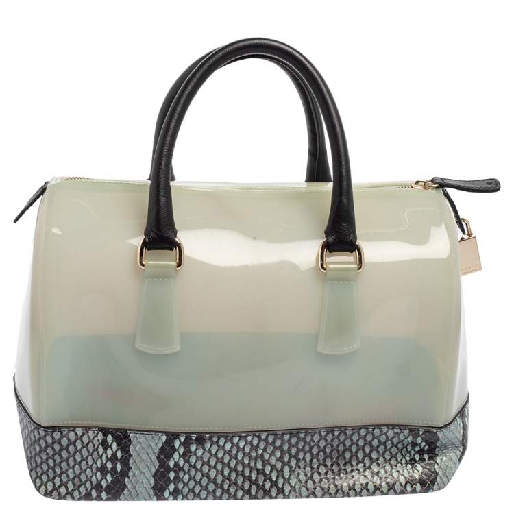 Pre Owned Furla Grey/Black Rubber and Python Embossed Leather Medium Candy Satchel