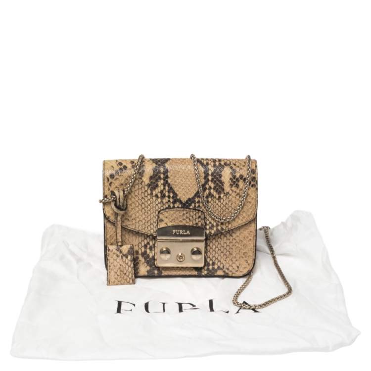 Pre Owned Furla Beige Python Embossed Leather Mini Metropolis Crossbody Bag