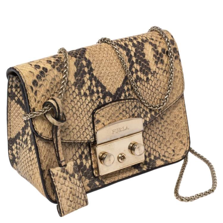 Pre Owned Furla Beige Python Embossed Leather Mini Metropolis Crossbody Bag