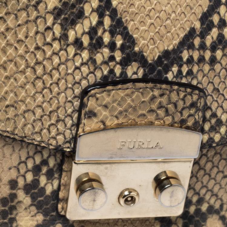Pre Owned Furla Beige Python Embossed Leather Mini Metropolis Crossbody Bag