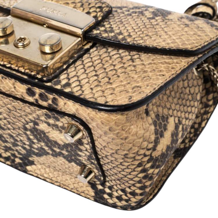 Pre Owned Furla Beige Python Embossed Leather Mini Metropolis Crossbody Bag