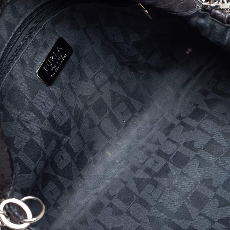 Pre Owned Furla Black Python Embossed Leather Flap Shoulder Bag