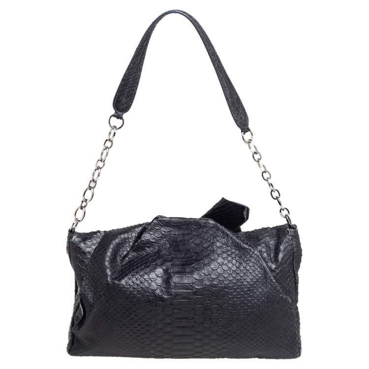 Pre Owned Furla Black Python Embossed Leather Flap Shoulder Bag
