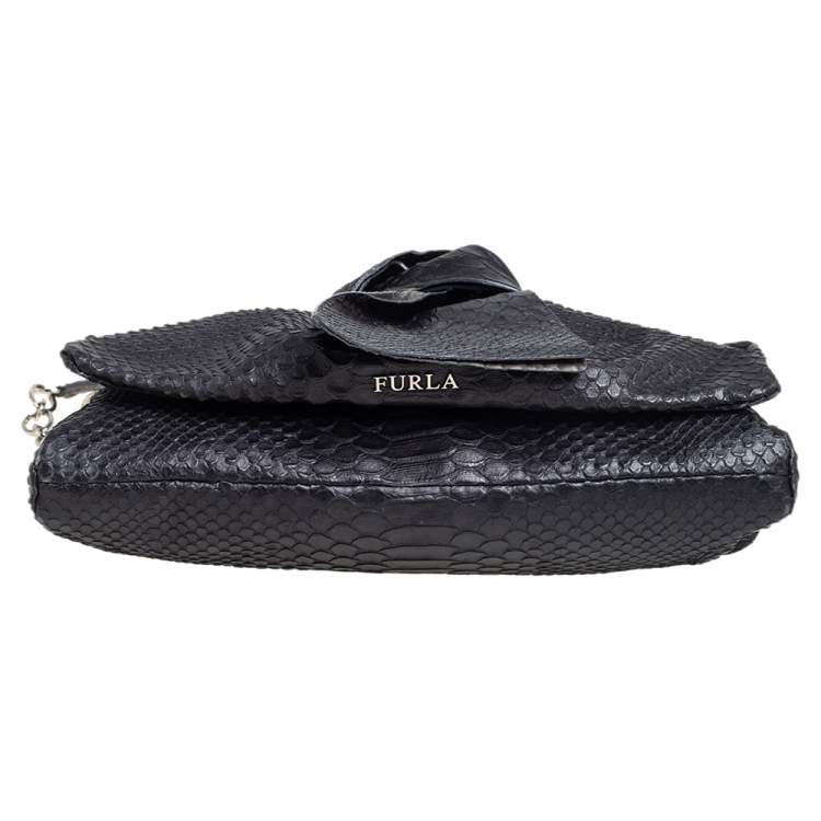 Pre Owned Furla Black Python Embossed Leather Flap Shoulder Bag