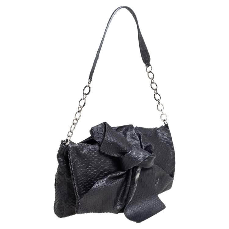 Pre Owned Furla Black Python Embossed Leather Flap Shoulder Bag