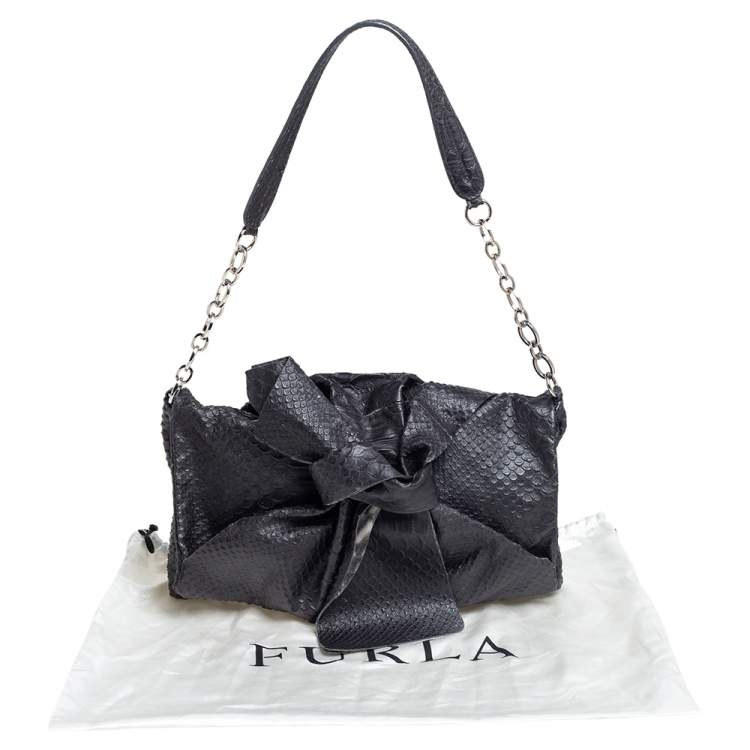 Pre Owned Furla Black Python Embossed Leather Flap Shoulder Bag