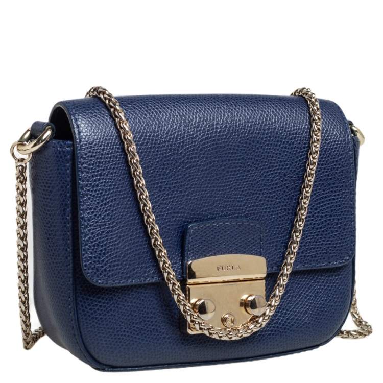 Pre Owned Furla Blue Leather Micro Metropolis Shoulder Bag