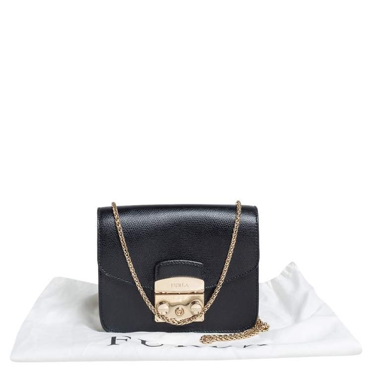 Pre Owned Furla Black Leather Mini Metropolis Chain Crossbody Bag