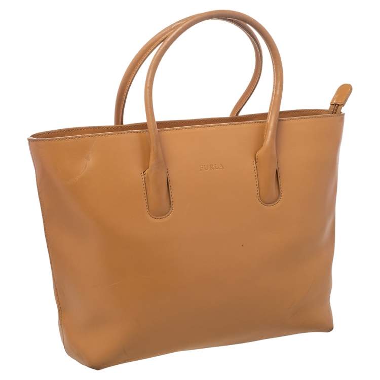 Pre Owned Furla Tan Leather Top Zip Tote