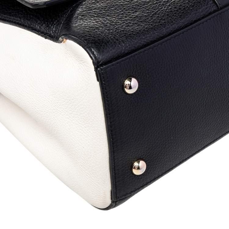 Pre Owned Furla Black/White Leather Flap Top Handle Bag