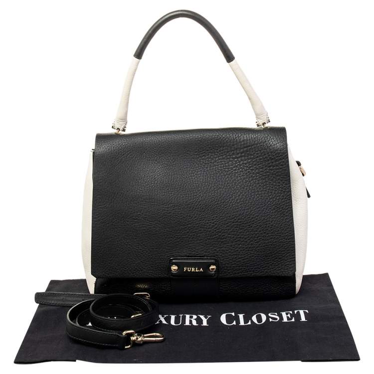 Pre Owned Furla Black/White Leather Flap Top Handle Bag