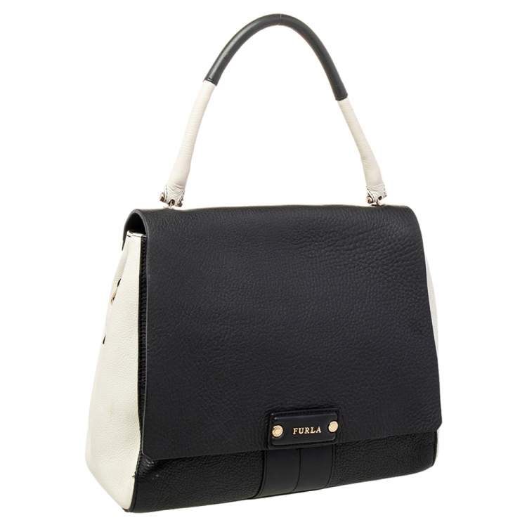Pre Owned Furla Black/White Leather Flap Top Handle Bag