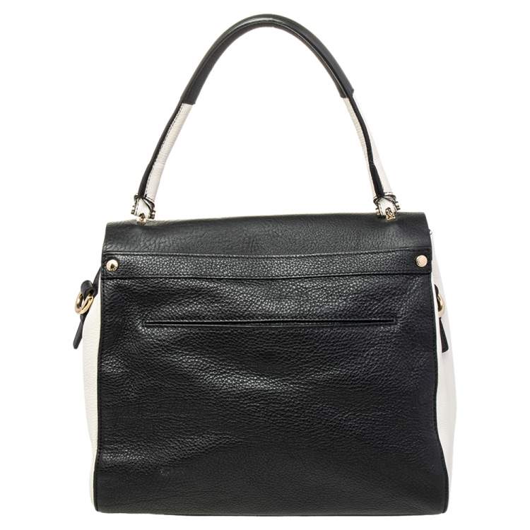 Pre Owned Furla Black/White Leather Flap Top Handle Bag