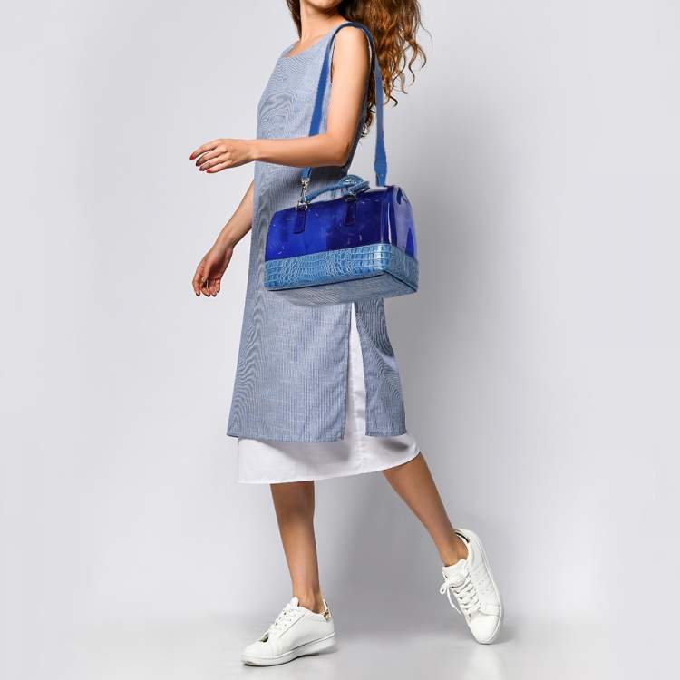 مملوكة مسبقًا Furla Blue Rubber and Croc Embossed Leather Medium Candy Satchel