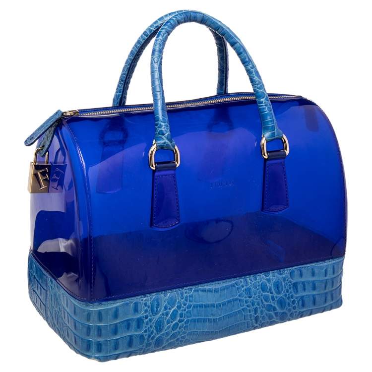 مملوكة مسبقًا Furla Blue Rubber and Croc Embossed Leather Medium Candy Satchel