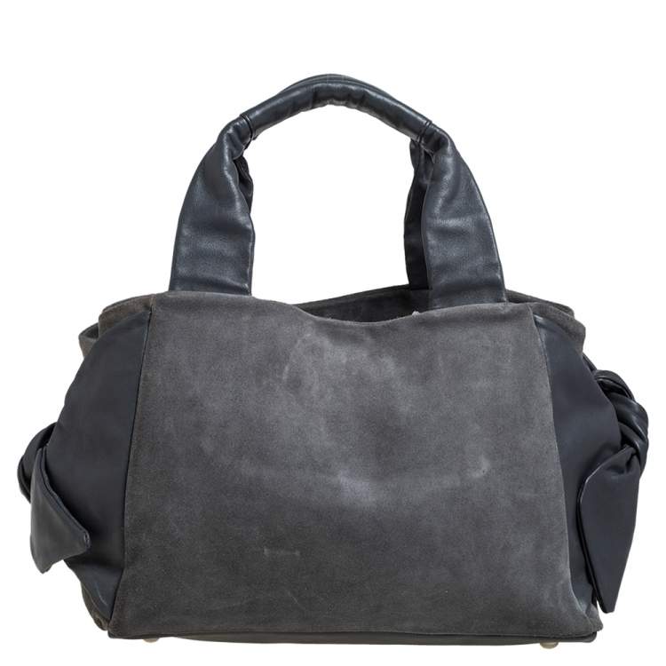 Pre Owned Furla Grey Suede and Leather Side Bow Satchel