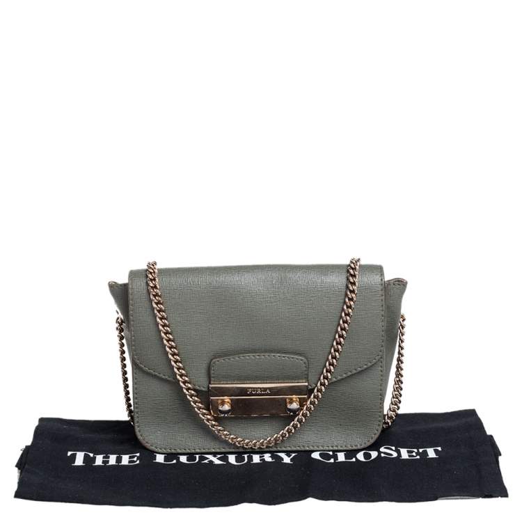 Pre Owned Furla Greyish Green Leather Mini Metropolis Chain Crossbody Bag
