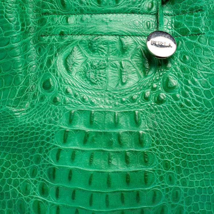 Pre Owned Furla Green Croc Embossed Leather Divide It Tote