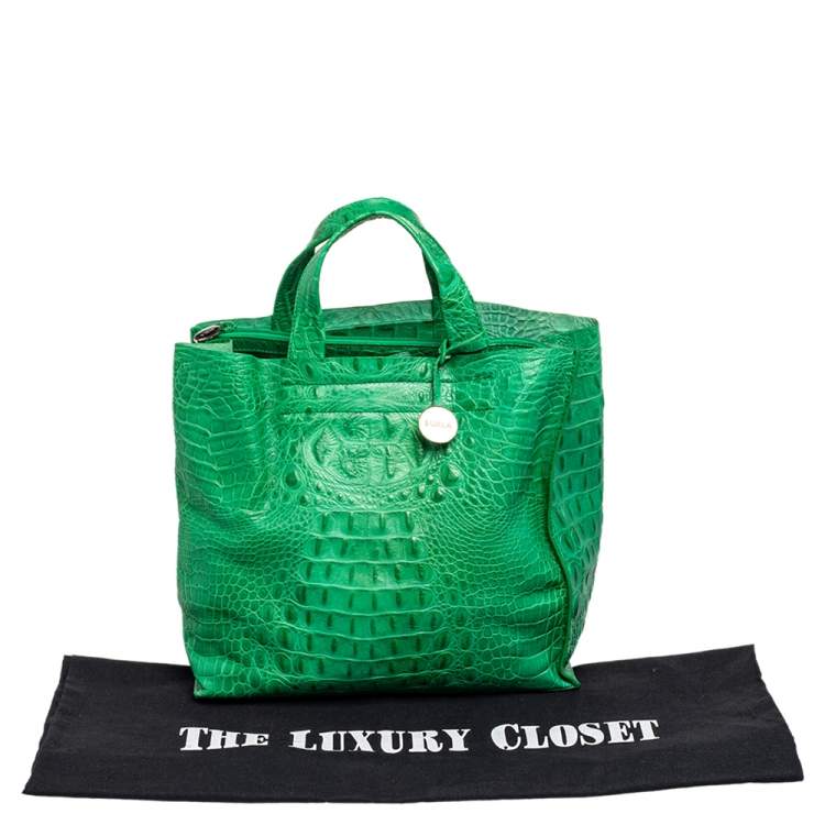 Pre Owned Furla Green Croc Embossed Leather Divide It Tote