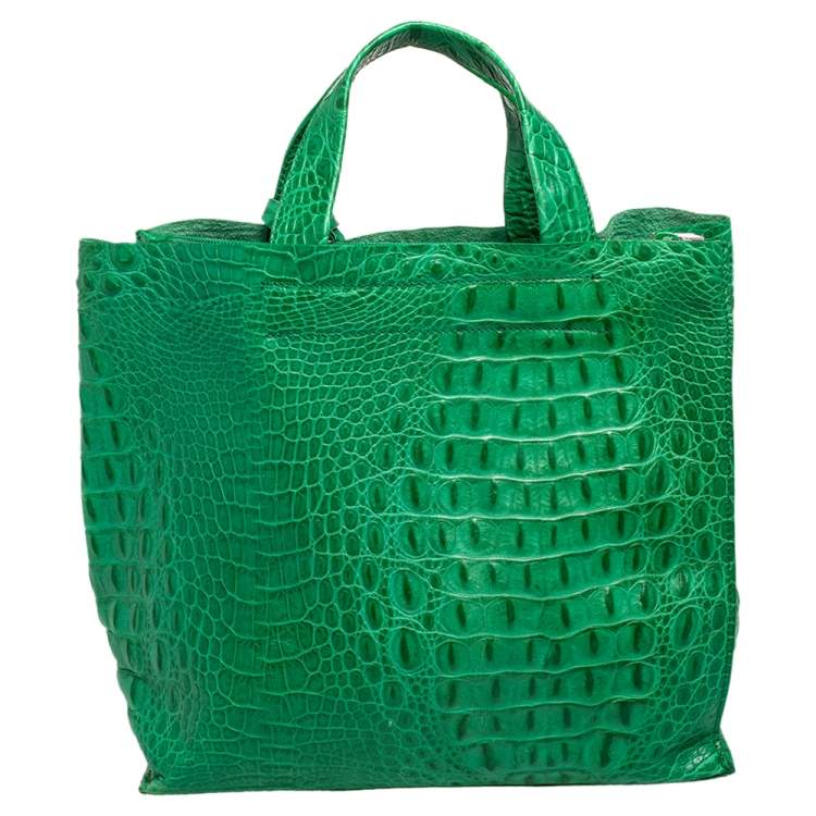 Pre Owned Furla Green Croc Embossed Leather Divide It Tote