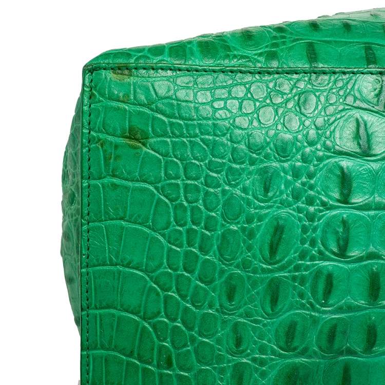 Pre Owned Furla Green Croc Embossed Leather Divide It Tote