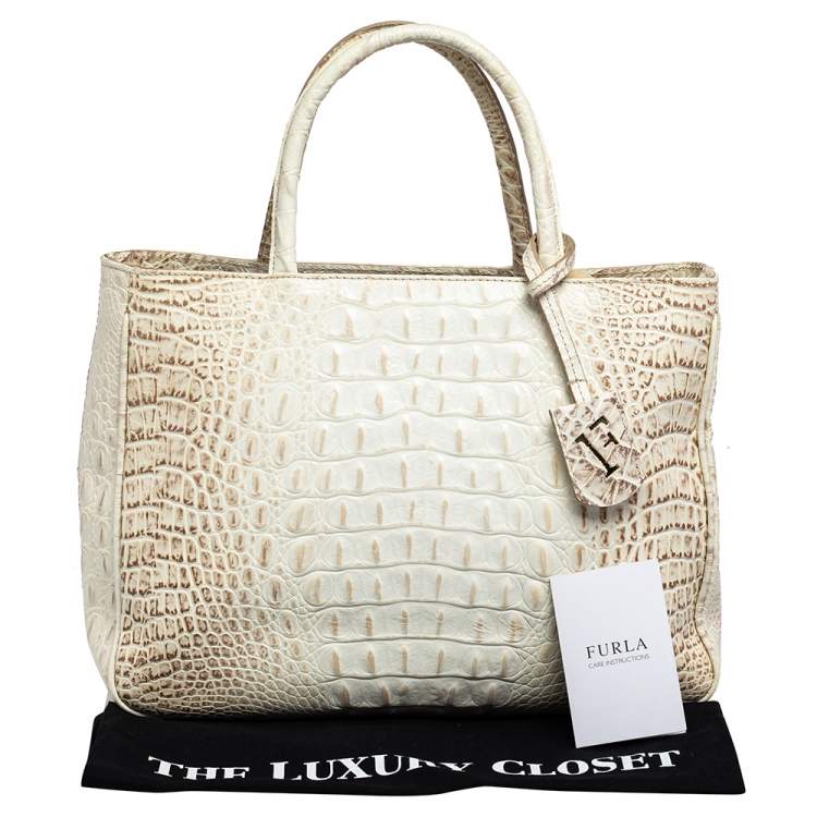 Pre Owned Furla Cream Croc Embossed Leather Tote