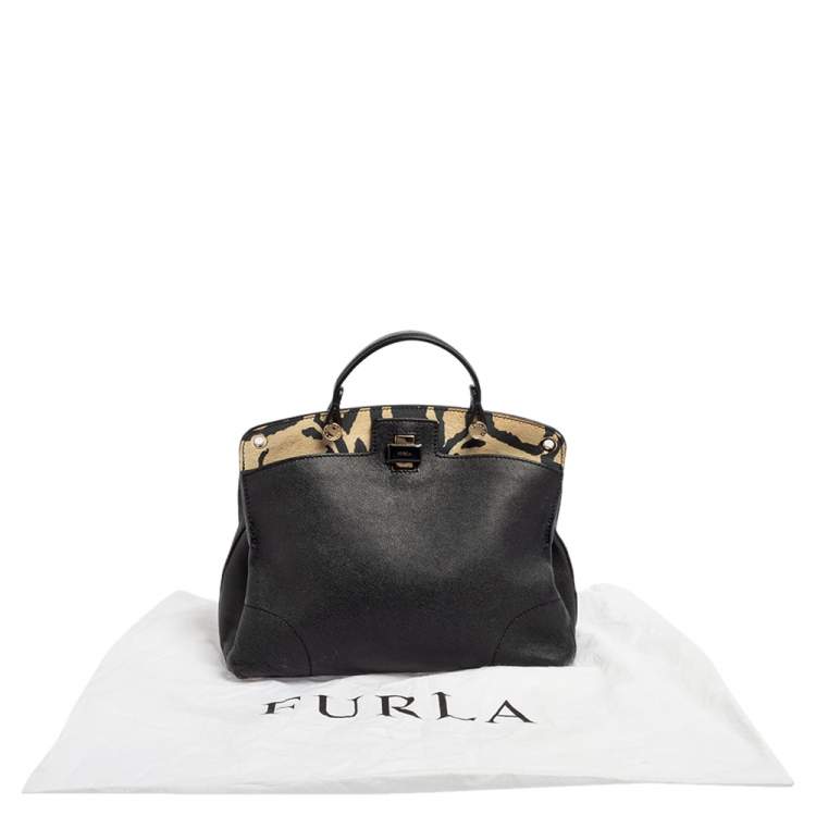 Pre Owned Furla Black/Animal Print Leather Piper Dome Satchel 