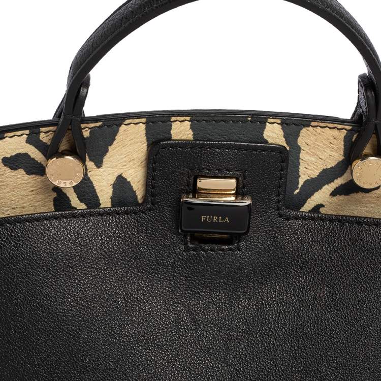 Pre Owned Furla Black/Animal Print Leather Piper Dome Satchel 