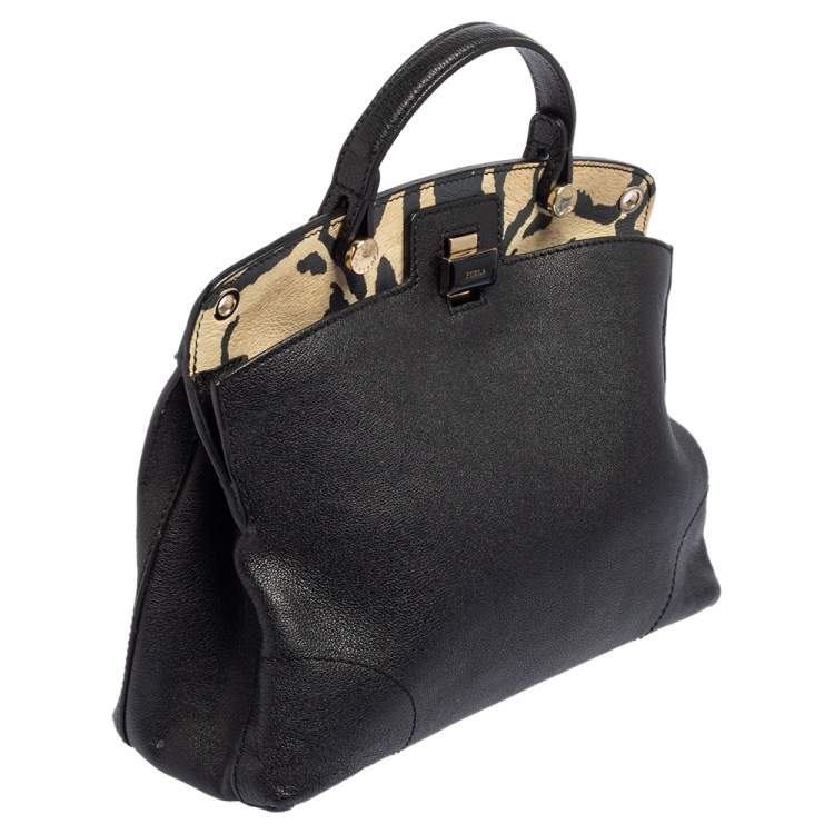 Pre Owned Furla Black/Animal Print Leather Piper Dome Satchel 