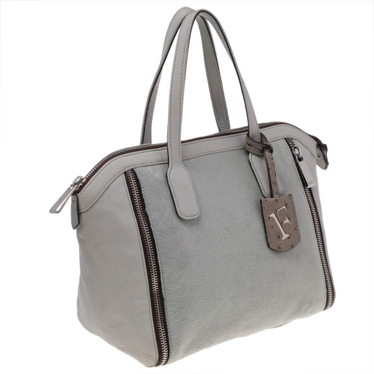 Pre Owned Furla Grey Calf Hair And Leather Satchel