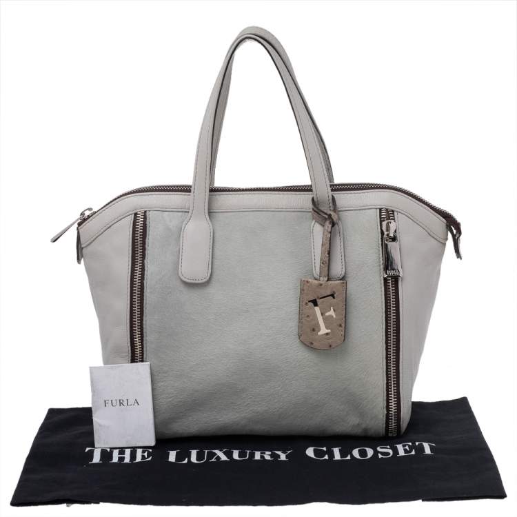 Pre Owned Furla Grey Calf Hair And Leather Satchel