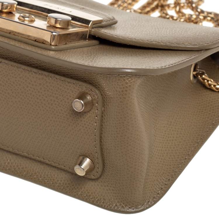 Pre Owned Furla Khaki Green Leather Mini Metropolis Chain Crossbody Bag