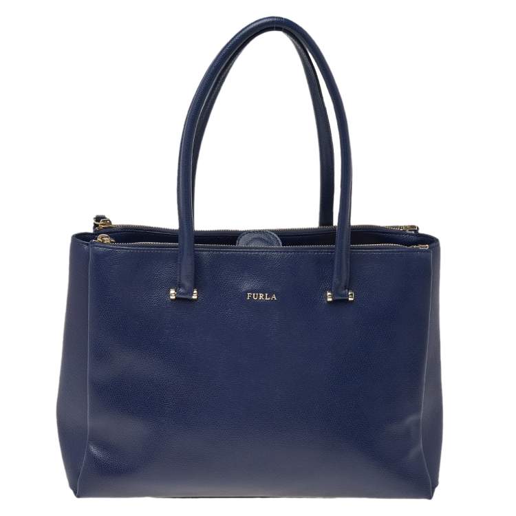 مملوكة مسبقًا Furla Navy Blue Leather Large Lotus Carry All Tote